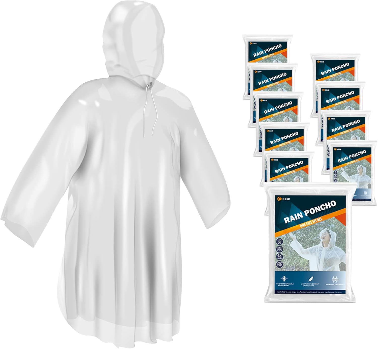 KASU Rain Ponchos for Adults Disposable Emergency Poncho with Drawstring Hood for Men Women Clear - 10 Pack