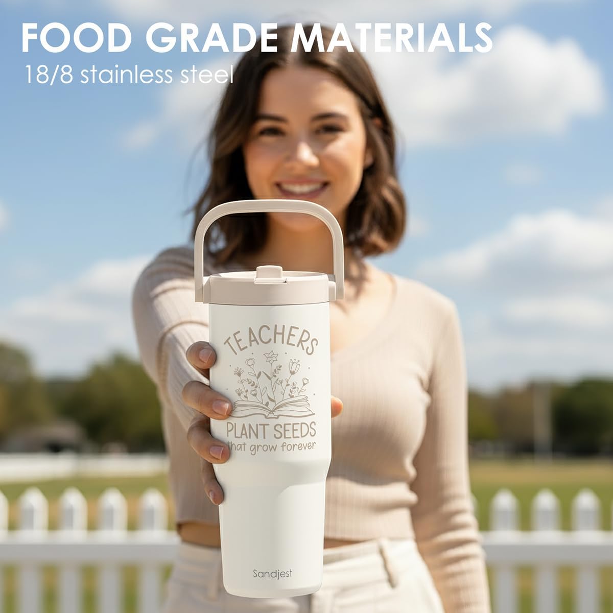 SANDJEST Teacher Stainless Steel Straw Lid Tumbler 30oz with Carry Handle for Women Girls, Insulated Travel Coffee Cup, Gift for Sports Workout Christmas Birthday Teacher's Day - Image 6