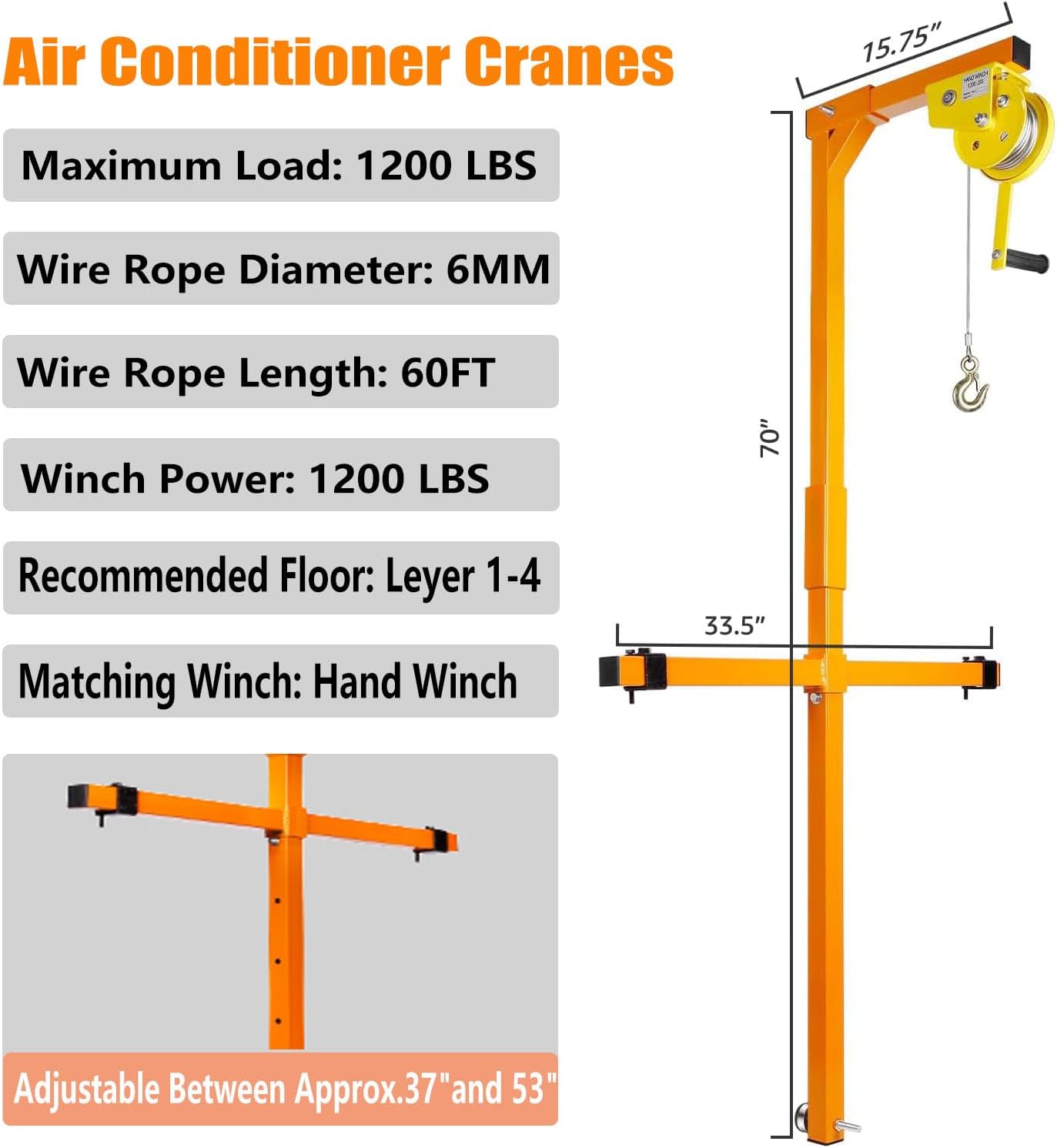 Air Conditioner Lifting Crane, Stainless Steel HVAC Hoist with 60ft Rope and ‌1200Lbs Manual Winch, All-Weather Bracket for Roof Top or Wall HVAC, Commercial, Residential AC Installation