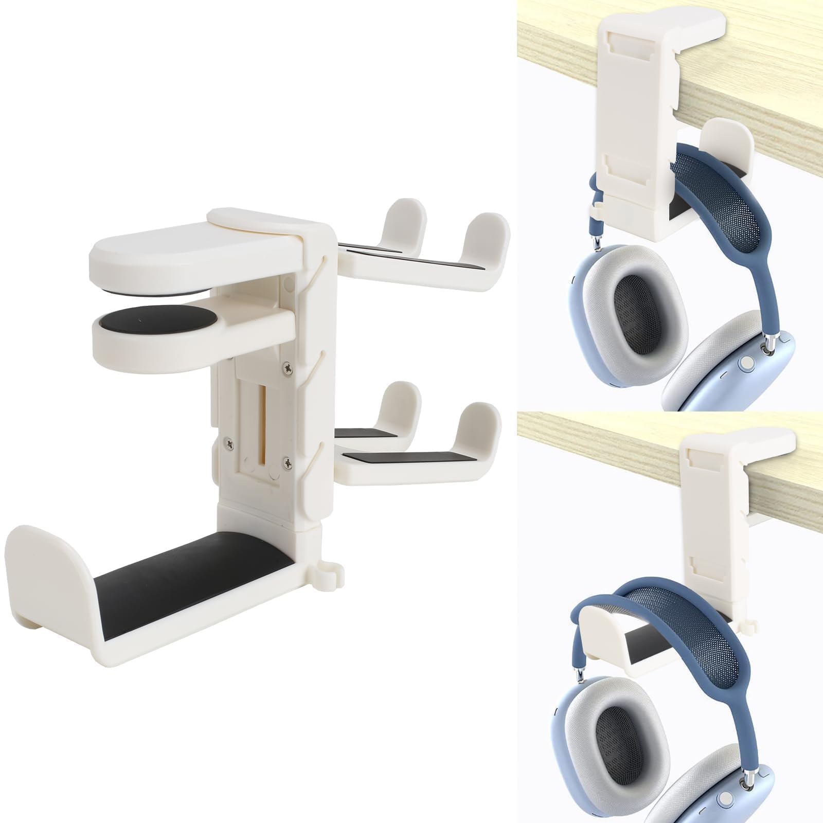 Supporto Per Cuffie Gaming Regolabile 3 In 1 – Girevole 360° Con 2 Ganci E Clip Per Scrivania, Bianco