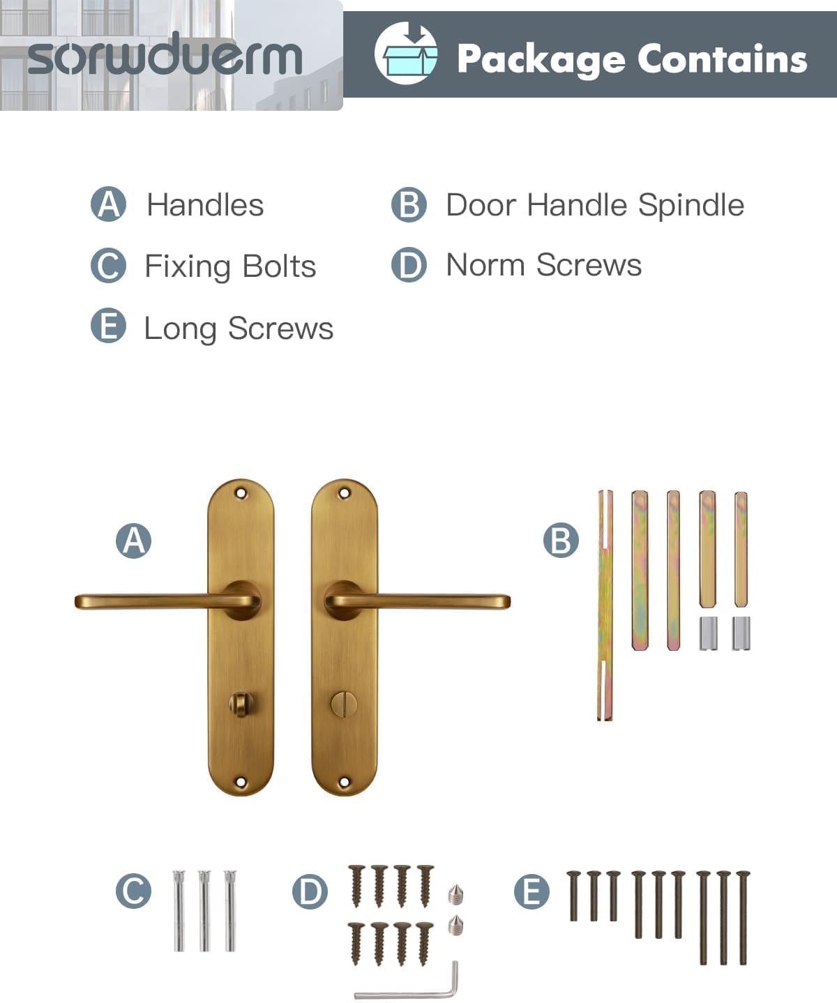 Door Handle Antique Brass Door Handle Set Matte Brushed Stainless Steel 72 mm Toilet Centre Door Handle Set for Front Door and Interior Door, L Shape