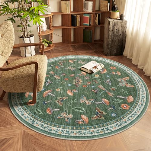 ROYHOME Mushroom Insect Round Rug 3ft for Bedroom Nursery Green