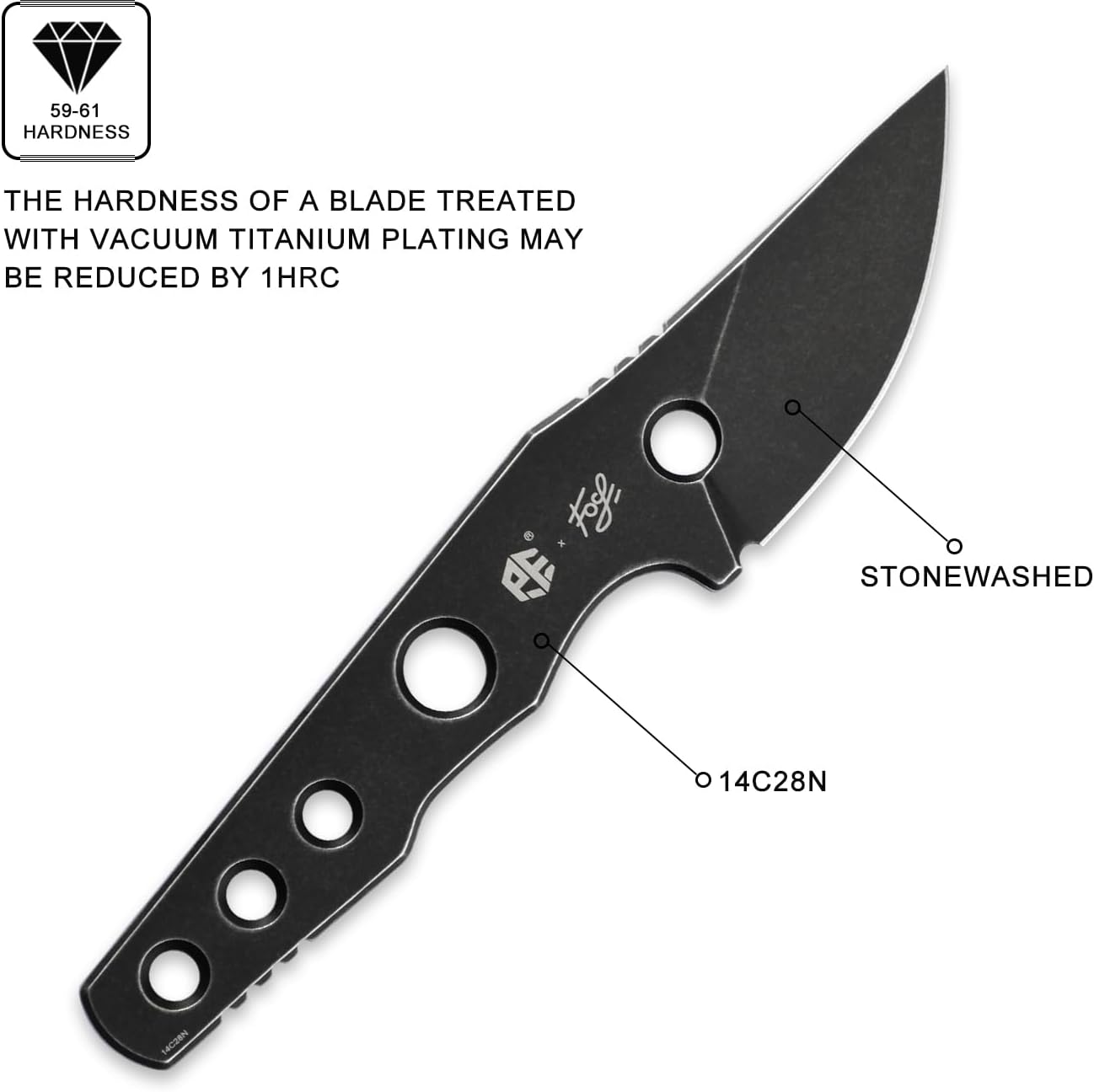 Petrified fish PFE13 Bison Fixed Blade Knife, 2.4" 14C28N Stonewashed Blade, 2.52oz 14C28N Handle Fixed Blade Knife for Camping EDC Outdoor (Black Stonewashed)
