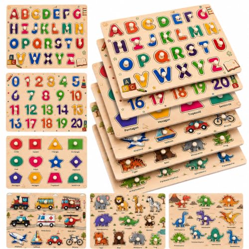 Image of Wooden Peg Puzzles for Kids Ages 3-5, 6 Pack Large ABC Alphabet Number Shape Animal Dinosaur Vehicle Puzzle Set, Preschool Learning Toys, Montessori Educational Gifts for 3 4 5 Boys Girls