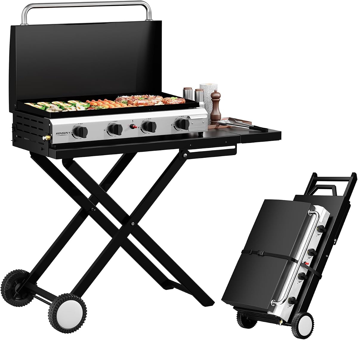 ROVSUN Plancha de propano plegable de 4 quemadores con ruedas, bandeja esmaltada y tapa, 40000 BTU parrilla de gas portátil con encendido electrónico y regulador para cocinar al aire libre, camping, barbacoa