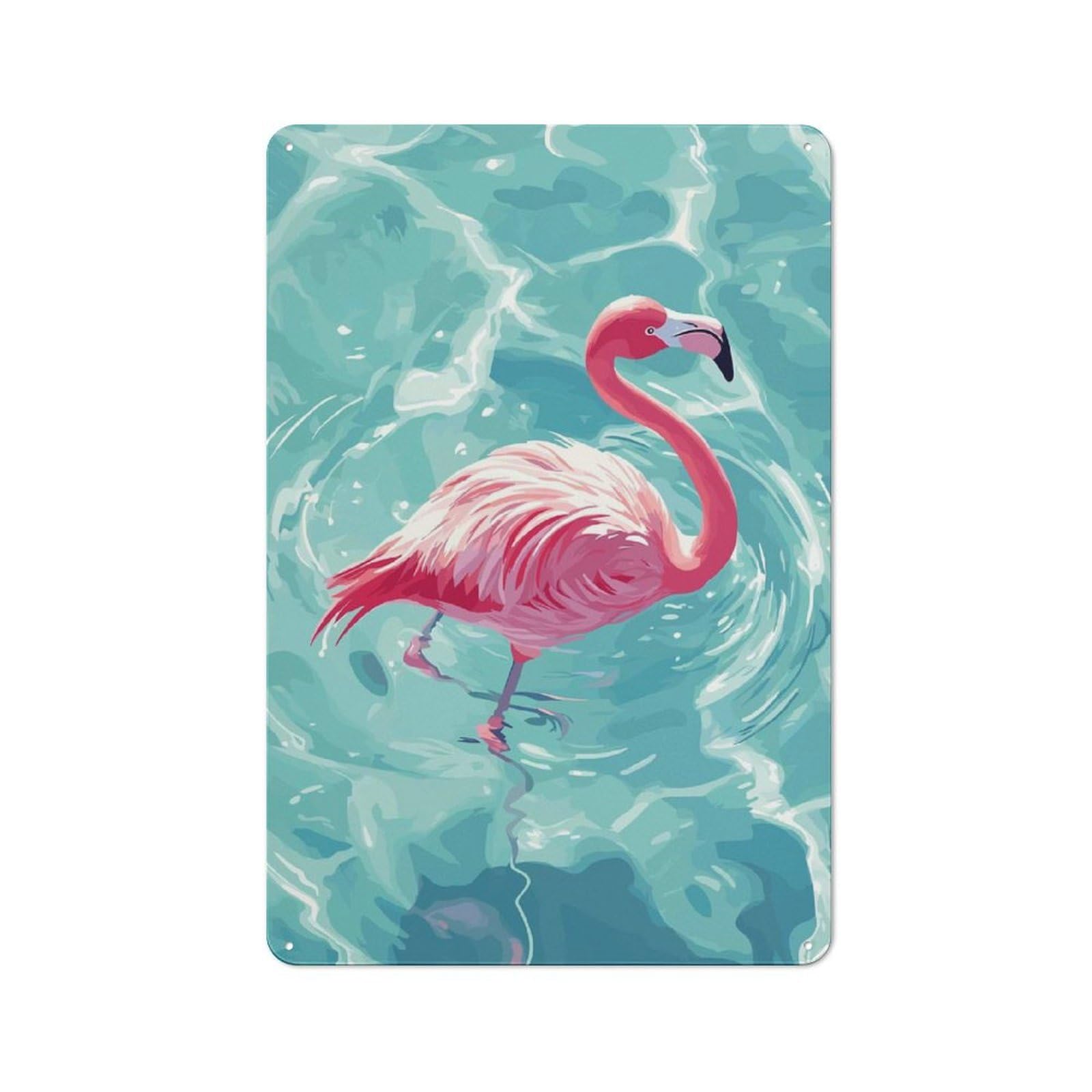 Junmoney Style-22 Pink Flamingo In Blue Water Tin Wall Sign 30X20cm, Loft Style Industrial Wall Decor For Loft, Studio, Office Or Creative Room