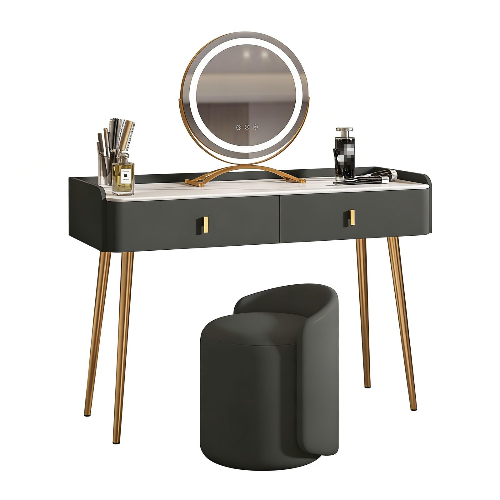 asdchZen Modern Vanity Table Set With 360°Led Rotating Mirror Rock Slab Countertop 2 Drawer Makeup Desk For Bedroom Dark Gray 100Cm/39.3In Dressing Table