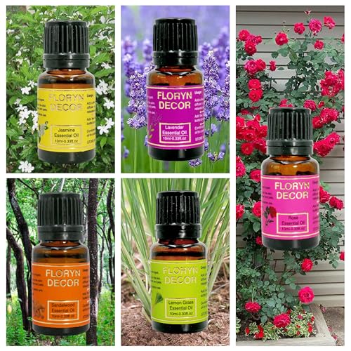 Image of Floryn Decor Pure Essential Oil | Aroma Oils for Home Fragrance | Essential Oil Diffuser for Home (Lavender, Rose, Jasmine, LemonGrass, Sandalwood, 10 ml (Pack of 5))