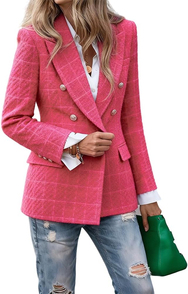 Women's Tweed Blazers 2026 Business Casual Long Sleeve Notch Collar Double Breasted Fully Lined Suit Jackets