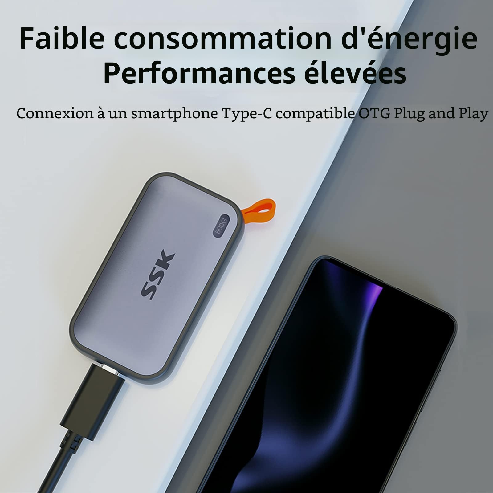 SSK 500 Go SSD Externe USB-C 3.2 Gen2 1050Mo/s Lecture Portable pour iPhone 15/16/Pro, PS5, Xbox, MacBook