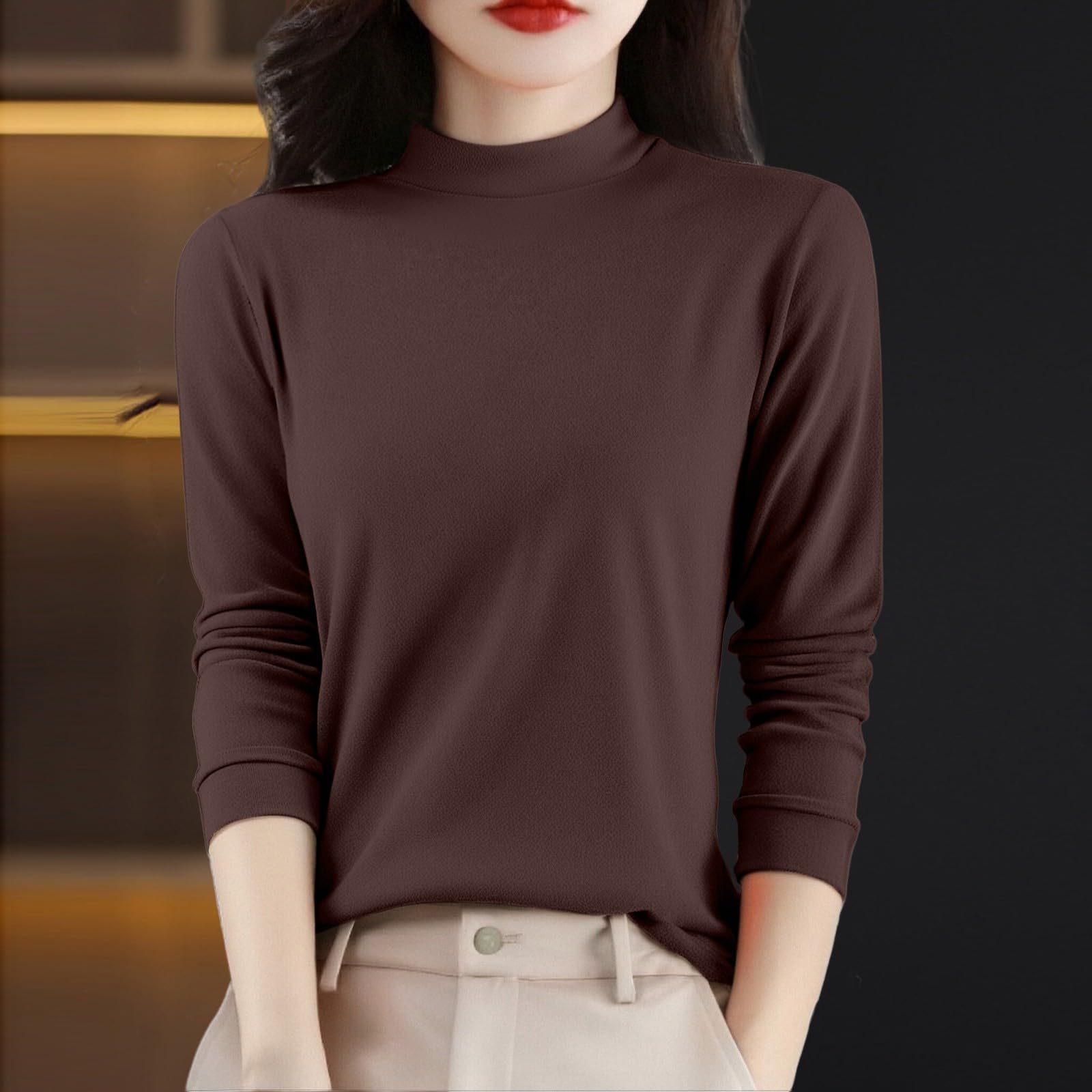 Camiseta interior para mujer, manga larga, cuello alto, básica, ajustada, parte superior, jersey fino, monocolor, camiseta de calle, ropa interior, elegante, manga larga para el día a día