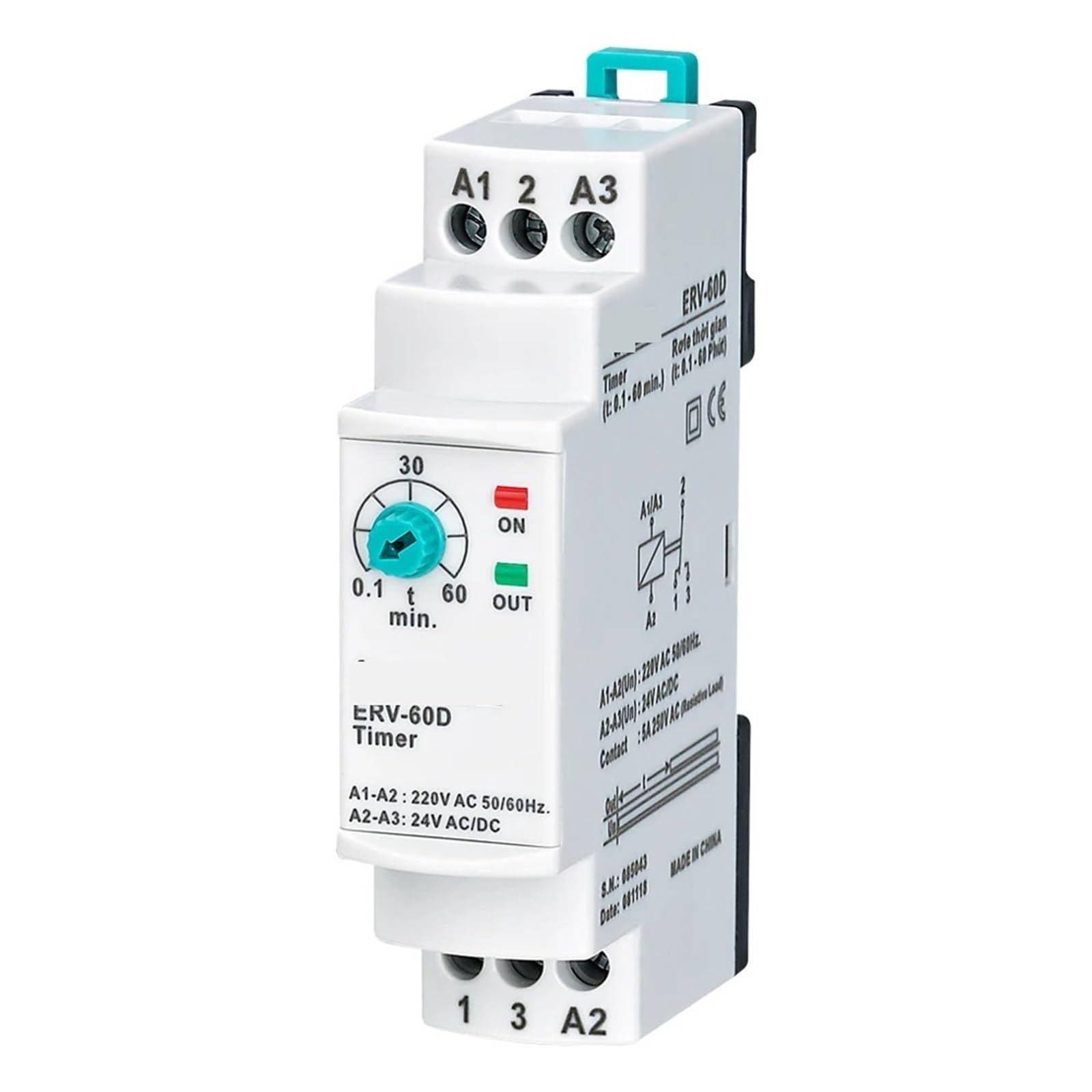 Relè temporizzato con ritardo di accensione ERV-60D elettronico regolabile (0,1-60 min.) 1 pz.(110VAC 24VDC)