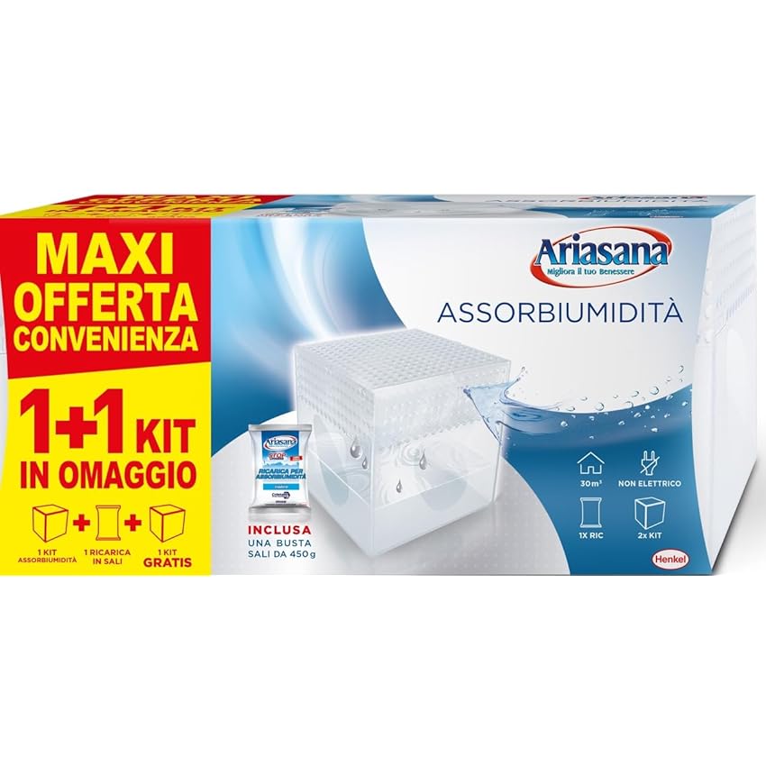 Immagine del prodotto Ariasana Kit Mini Deumidificatore Formato Convenienza 1+1, Assorbi umidità fino a 30 m², Assorbiumidità anche per Cantina, Stanzino, Bagno, cucina, Camper