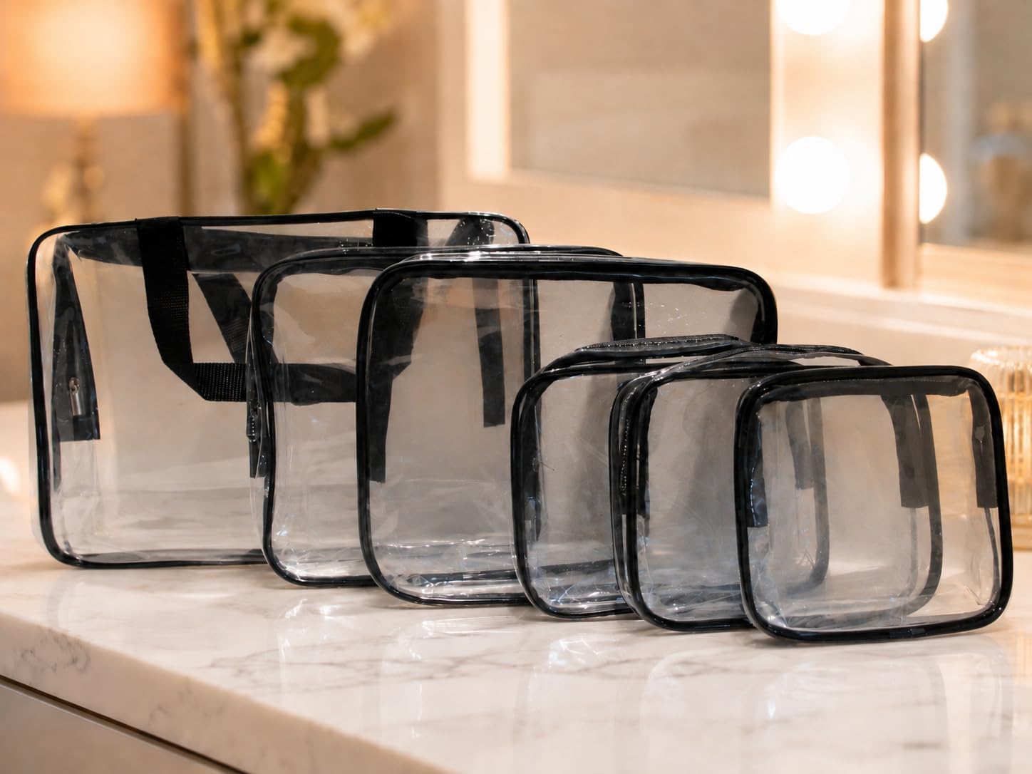 Clear Makeup Bags 6 PCS Set, Water-Resistant Clear PVC Toiletry & Cosmetic Organizer Bags with Black Zipper, Transparent Travel Pouches for Makeup, Skincare, Airport, Stadium & Luggage image 2