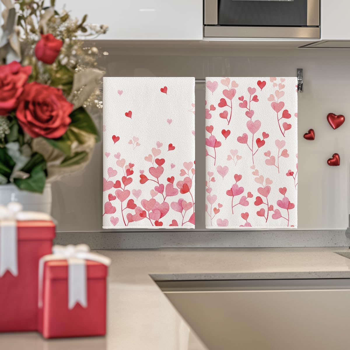 Artoid Mode Pink Love Heart Branch Valentine's Kitchen Towels Dish Towels, 18x26 Inch Anniversary Wedding Decoration Cleaning Set of 2 - Image 4