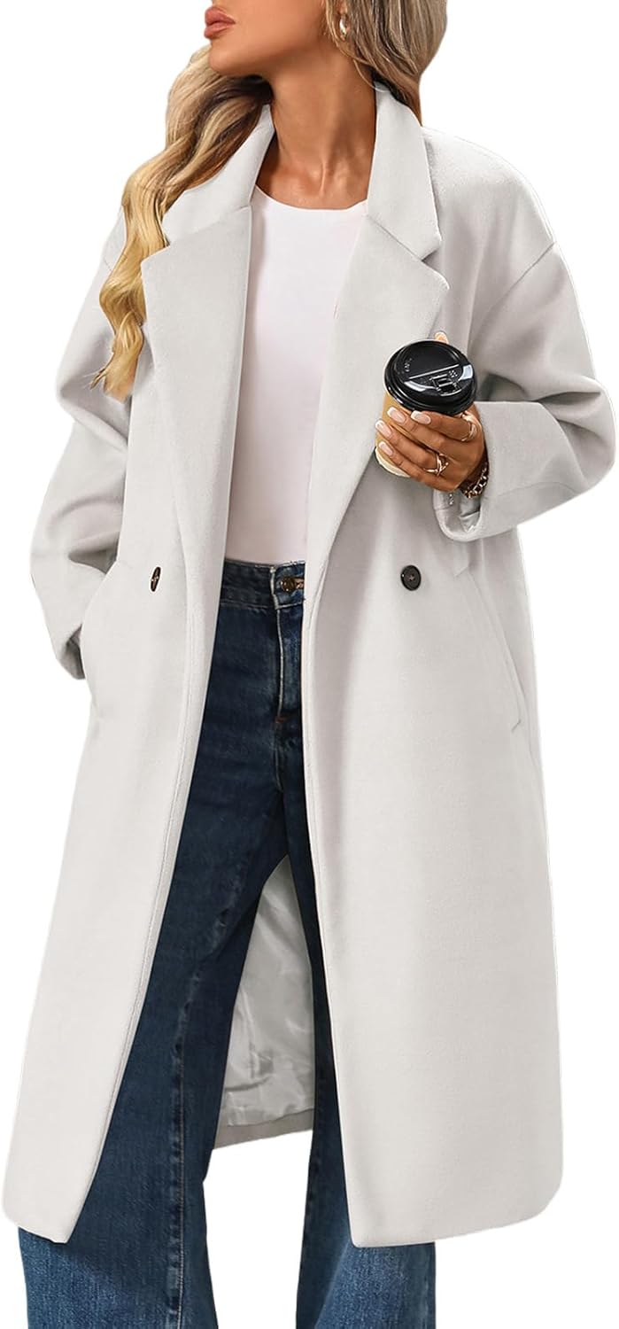 Women's Winter Wool Coat Double Breasted Long Sleeve Notch Lapel Oversized Long Peacoat