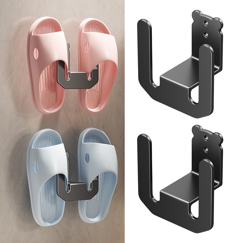 HASTHIP® 2Pcs Slippers Holder Drain Racks No Drill Carbon Steel Adhesive Slippers Drying Rack for Bathroom,Space Saver Bathroom Dual-Hook Design Wall Organizer Holders-image-3