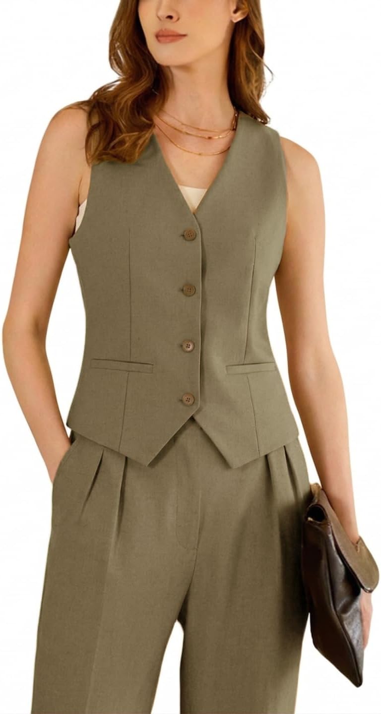 2 Piece Set Linen Outfits for Women Casual Pant Suits Womens Linen Vest Set Work Office Suit Slim Fit