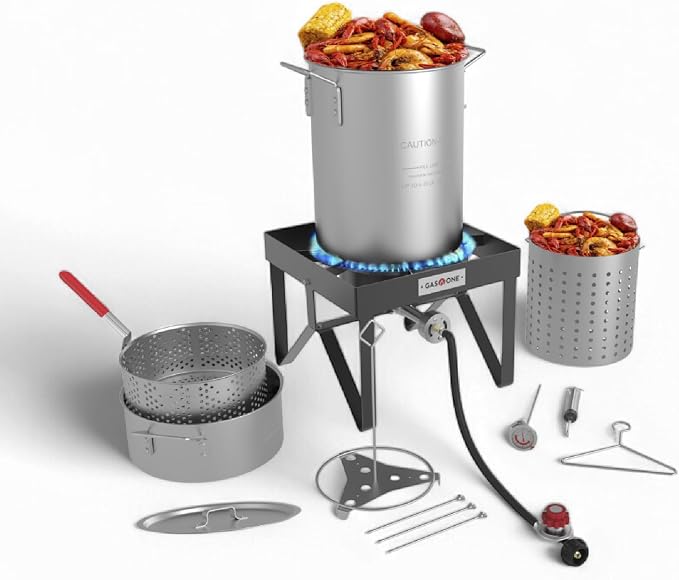 GasOne Seafood Boil Kit, 30QT & 10QT Propane Burner Set for Crawfish, Crab, Shrimp, Lobster, Turkey Frying, with High-Pressure Regulator & Hose – Complete Outdoor Cooker for Boiling & Frying