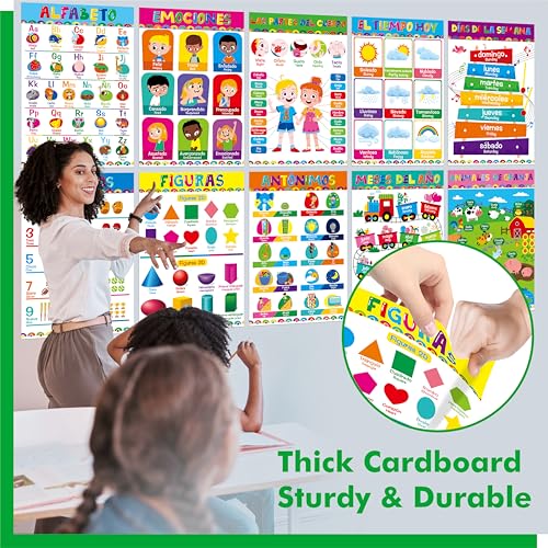 Image of 17 Spanish & English Posters, Thick Elementary Bilingual Poster Set, Waterproof & Tearproof with PET Film, Early Learning Tool, Dual Language Educational Posters for School Supplies, Classroom Decor