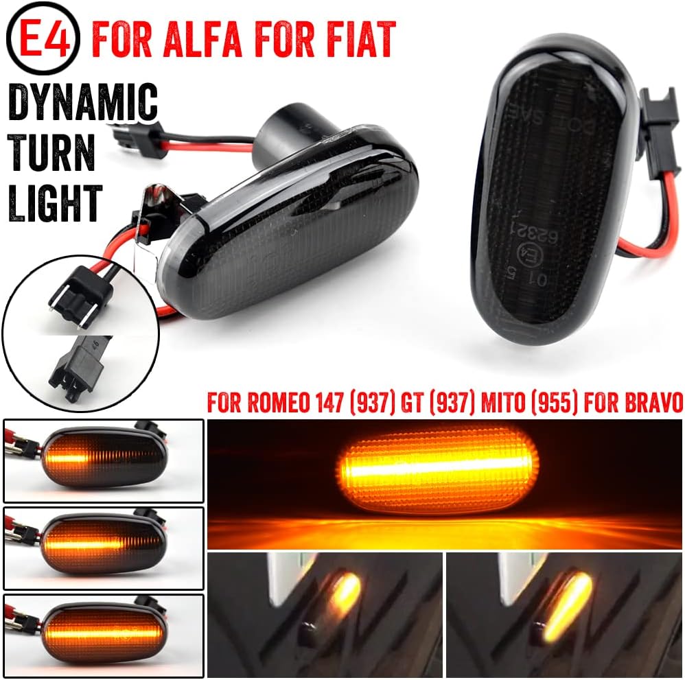 2pcs Dynamic Sequential LED Side Fender Marker Light Lamp Indicator Compatible with A-lfa R-omeo M-ito 147 GT F-iat Bravo