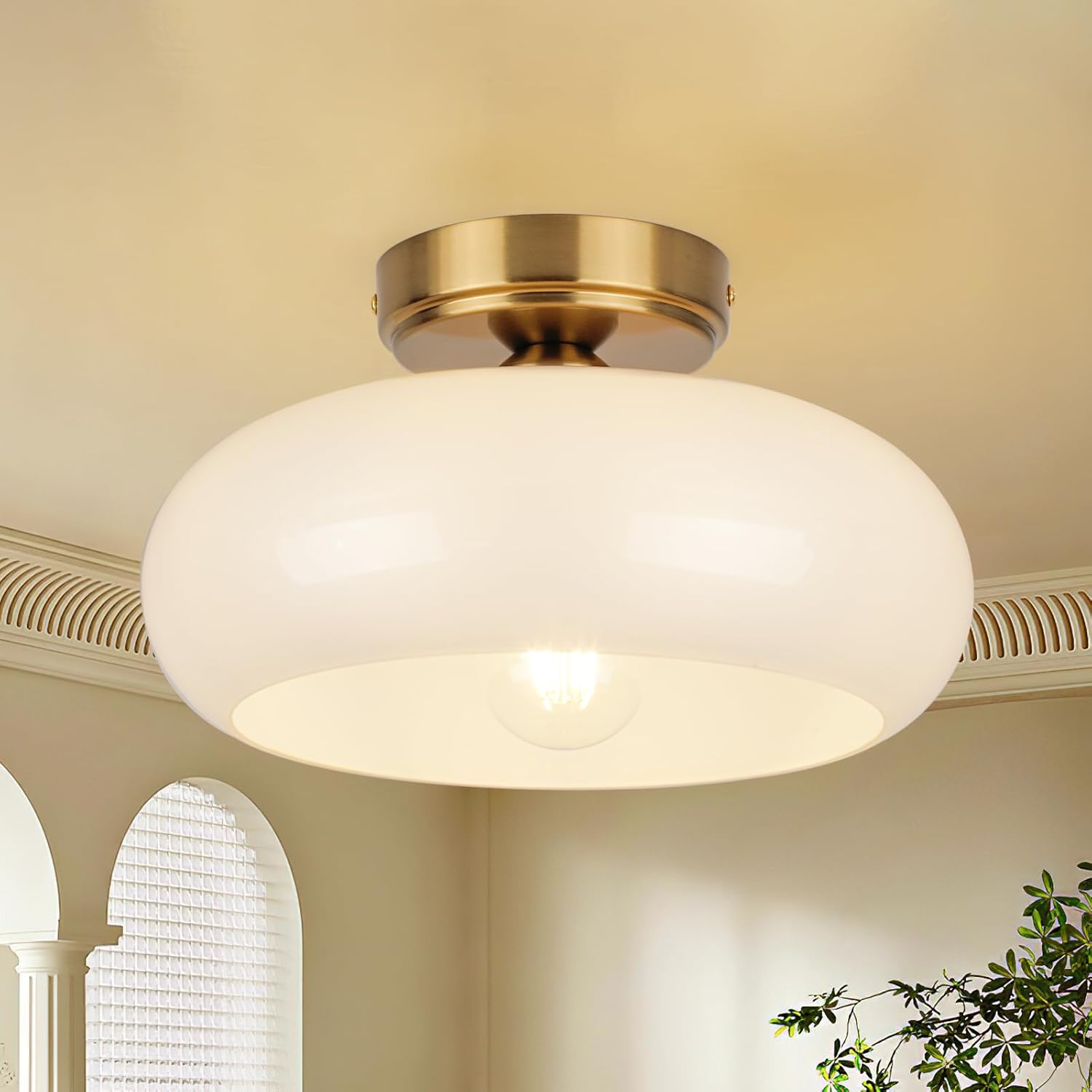 Semi Flush Mount Ceiling Light Fixture, 11'' Vintage Mid-Century Gold with White Milk Glass Shade, Modern Farmhouse Lighting for Kitchen, Hallway, Bedroom, Foyer, Laundry Room, Schoolhouse