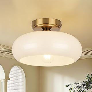 CLARSYNE Semi Flush Mount Ceiling Light Fixture, 11'' Vintage Mid-Century Gold with White Milk Glass Shade, Modern Farmhouse Lighting for Kitchen, Hallway, Bedroom, Foyer, Laundry Room, Schoolhouse