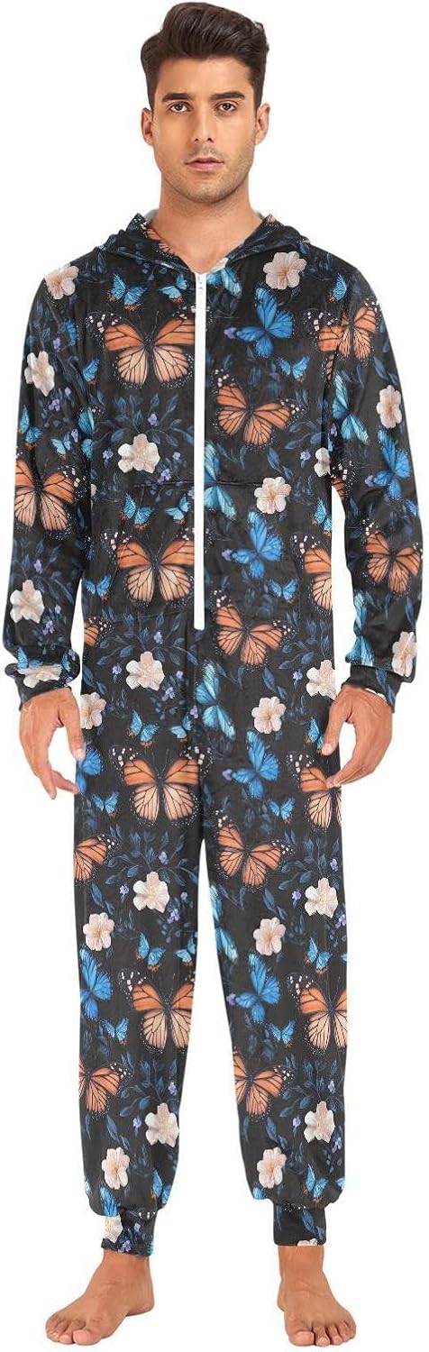 ZZKKO Watercolor Butterfly Flower Adult Onesie Pajamas for Women Men Cozy One Piece Pajamas Costume Zip-Up Hooded S-XL