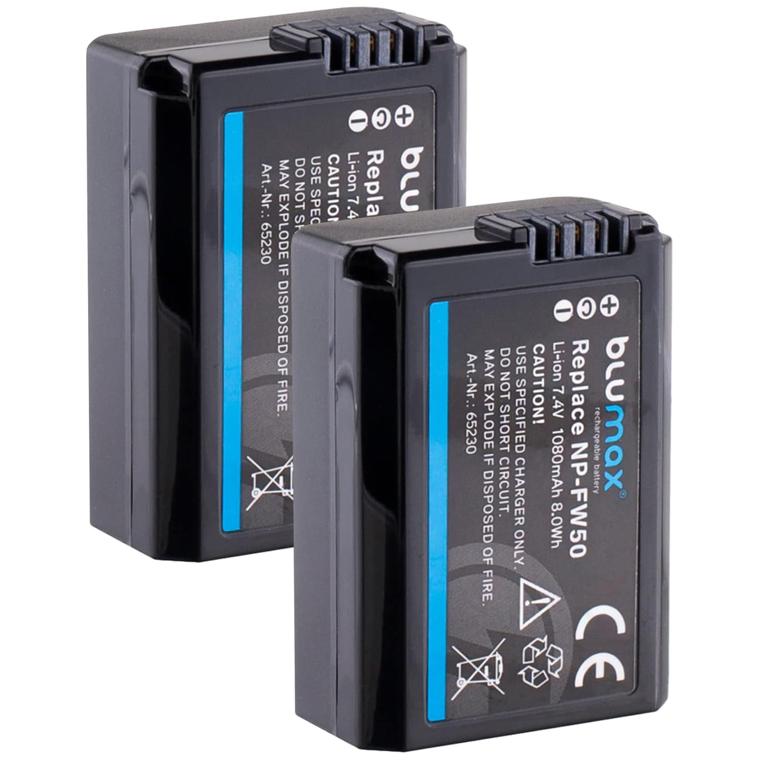 Blumax Lot de 2 batteries compatibles avec Sony NP-FW50, 1080 mAh, pour Sony Alpha, 7, 7II, 7R, 7S II, 6300, 6500, NEX-6, NEX-7, NEX-F3, CyberShot DSC RX10 IV, ZV-E10