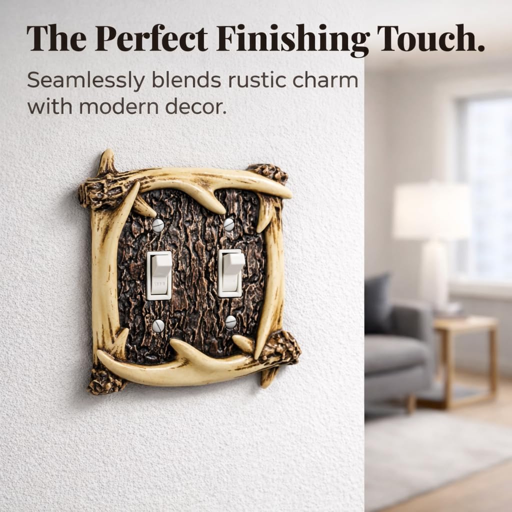 The Bridge Collection Antler Light Switch Cover Rustic Decor – Double Toggle Wall Plate With Deer Antler Design For Cabin Lodge Room – Brown Wilderness Home Accent