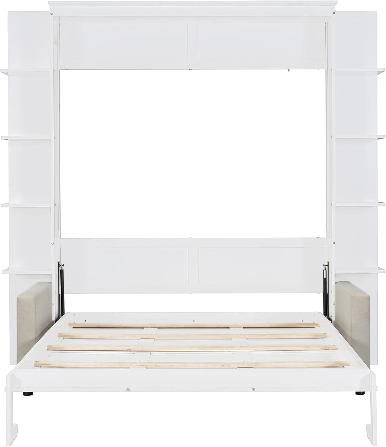 Merax Murphy Bed, Queen Size Wooden Wall Bed with Sofa for Bedroom, Wood Slat Support, No Box Spring Needed, Easy Assembly, White