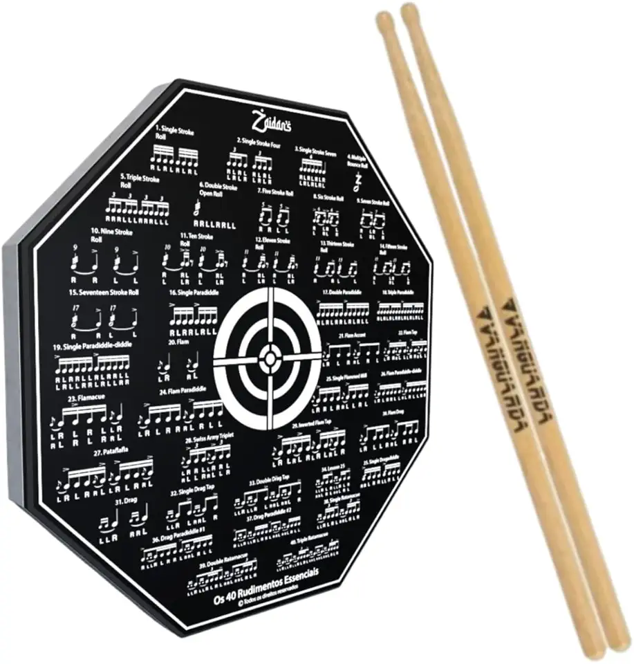 Zaidan’s Pad de Estudo Bateria 8" (20 cm) + Par de Baquetas 6A | Rebote Médio, EVA 5 mm, Madeira 1,2 cm | 40 Rudimentos Impressos | Praticável Silencioso p/Treino em Casa/Estúdio