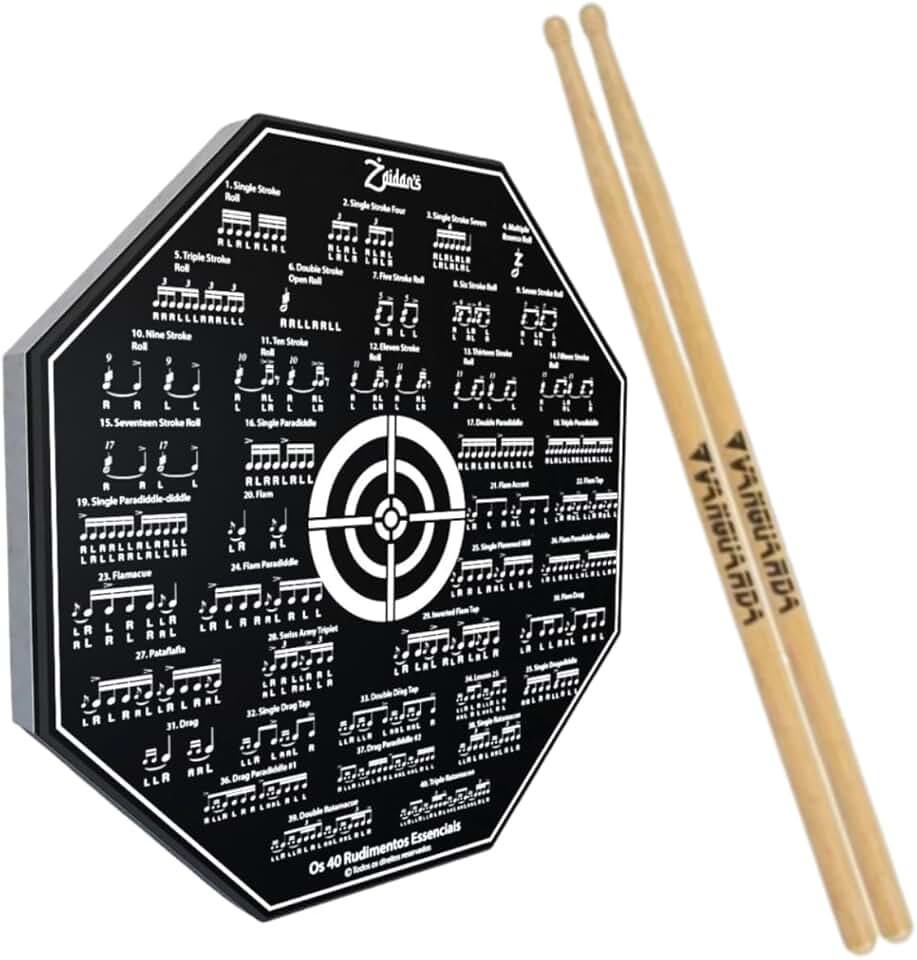 Zaidan’s Pad de Estudo Bateria 8" (20 cm) + Par de Baquetas 6A | Rebote Médio, EVA 5 mm, Madeira 1,2 cm | 40 Rudimentos Impressos | Praticável Silencioso p/Treino em Casa/Estúdio