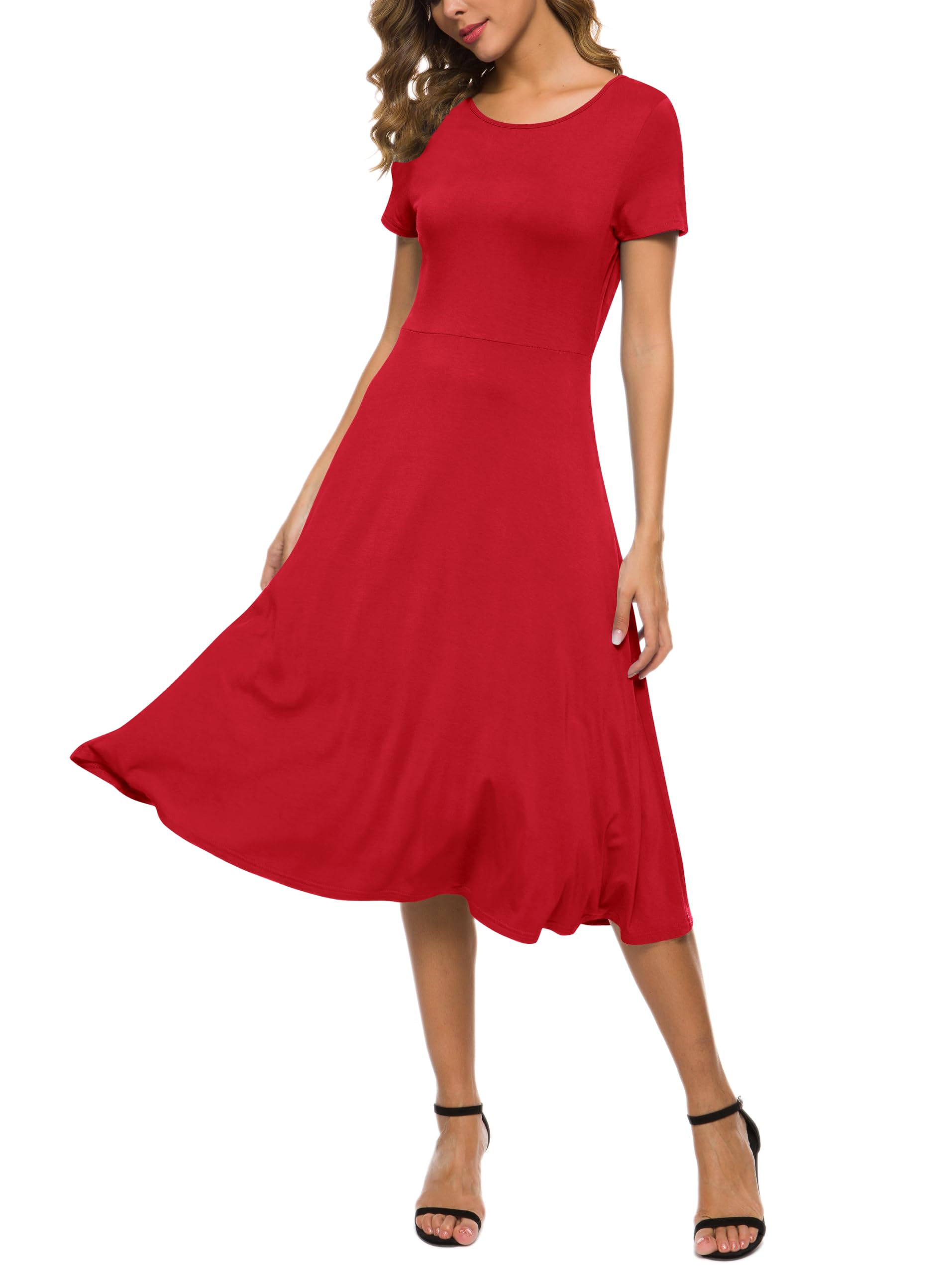 EXCHIC Mujeres Casual Sólida Cuello Redondo Midi Vestido Elástico Manga Corta Verano Vestido Largo