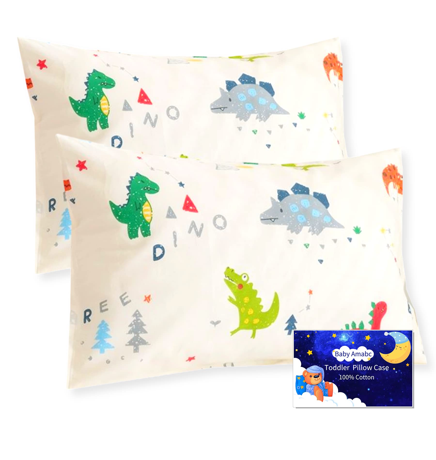 Baby Amabc Men's Beige Dinosaur Baby Toddler Pillowcases Dinosaur Cot Bed Pillow Pair Case 40 X 60Cm - 2 Pack 100% Cotton Pillow Cover Set - Kids Travel Pillow Cases For Boy & Girl Bedding, Soft Small Pillowcases Envelope Closure