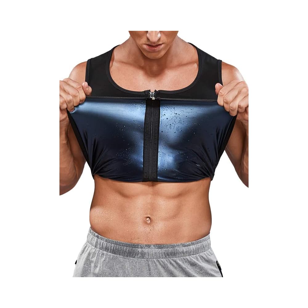 SHAPERIN Sweat Vest for Men Zipper Sauna Vest Tank Top, Mens Waist Trainer Body Slimming Workout Body Shaper (Black,Large)