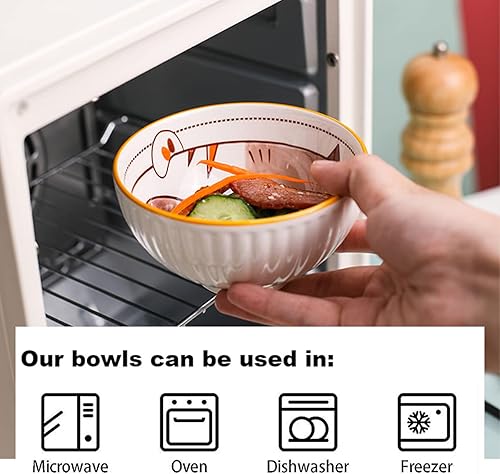 Miniatura 4 de Juego de 4 cuencos de cerámica pintados a mano con patrón de dibujos animados con caja de regalo, ideal para cereales, ensaladas, arroz, pasta o