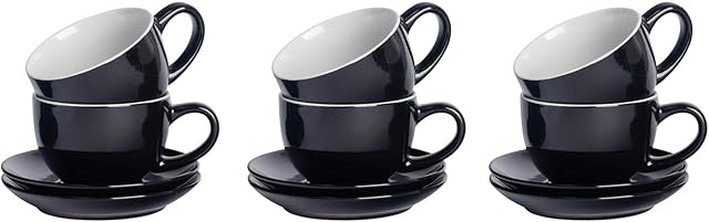 Argon Tableware 12 Piece Coloured Cappuccino Cup and Saucer Set - Modern Style Porcelain Tea and Coffee Cups - Black - 250ml