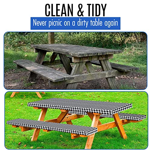 Linpro Premium Picnic Table Cover With Bench Covers Vinyl Fitted Picnic Table Covers With Elastic Rv Camping Accessories And Camper Must Haves Waterproof (Black Gingham, 72 X 30 (6Ft)) #TOP4