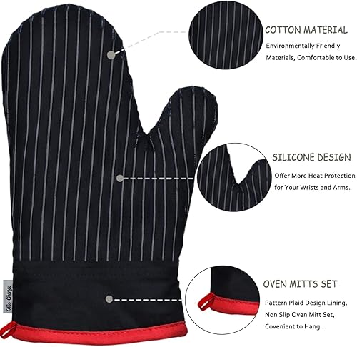 Miniatura 3 de Juego de manoplas de horno y soportes para ollas, guantes de horno y agarraderas con algodón de alta resistencia al calor, extra gruesos, largos,