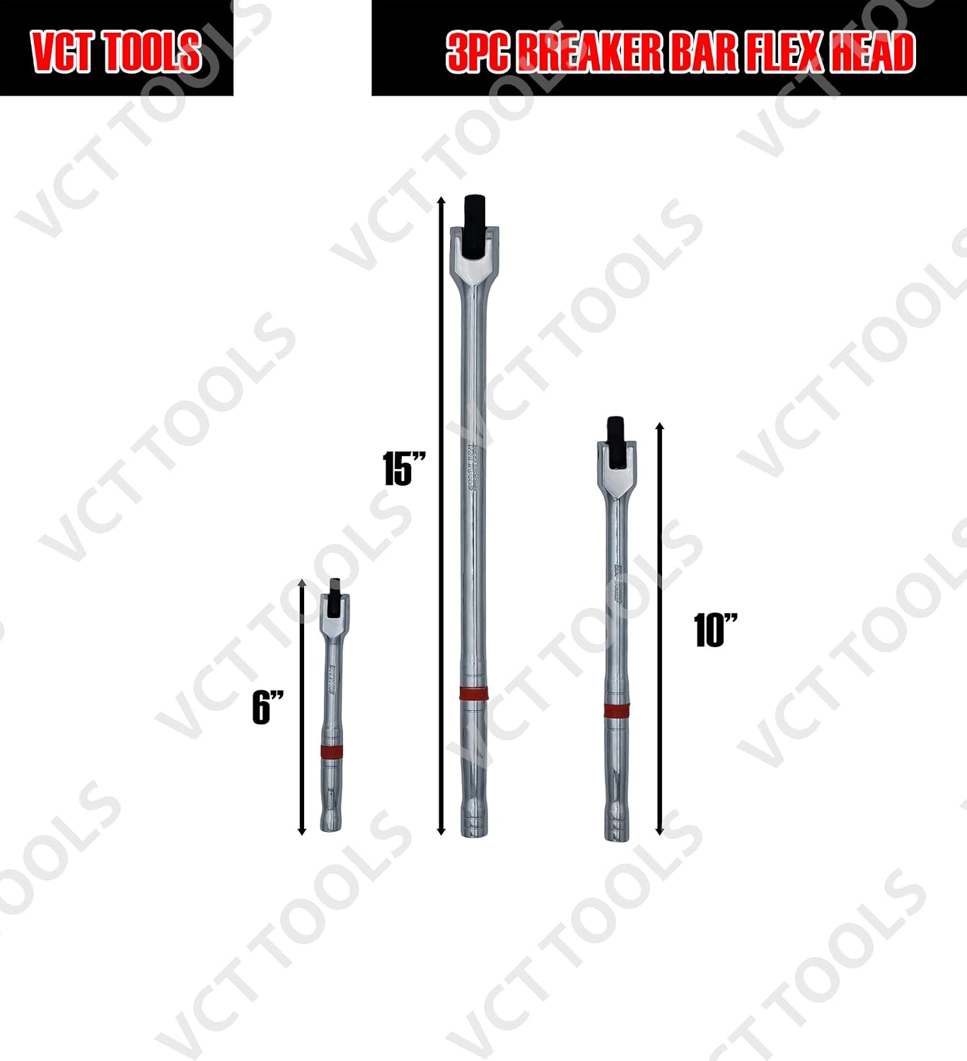 VCT 3pc Breaker Bar Set 1/4" 3/8'' 1/2'' Dr Breaker Bars 6" 10" 15" Length, Includes Carrying Pouch
