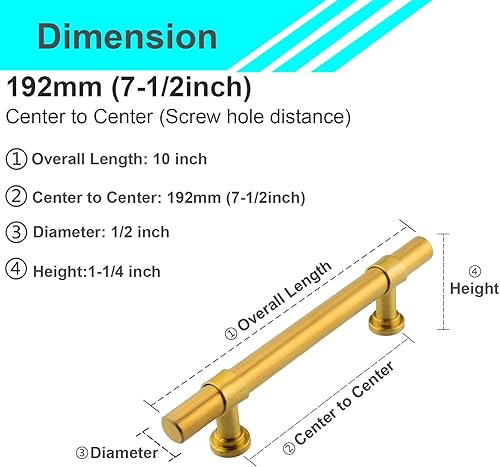 Miniatura 2 de Modket Tirador de barra en T cepillado de latón satinado dorado serie 11  Centro de agujeros de 10-18 pulgadas (10.079 in), longitud total de 12
