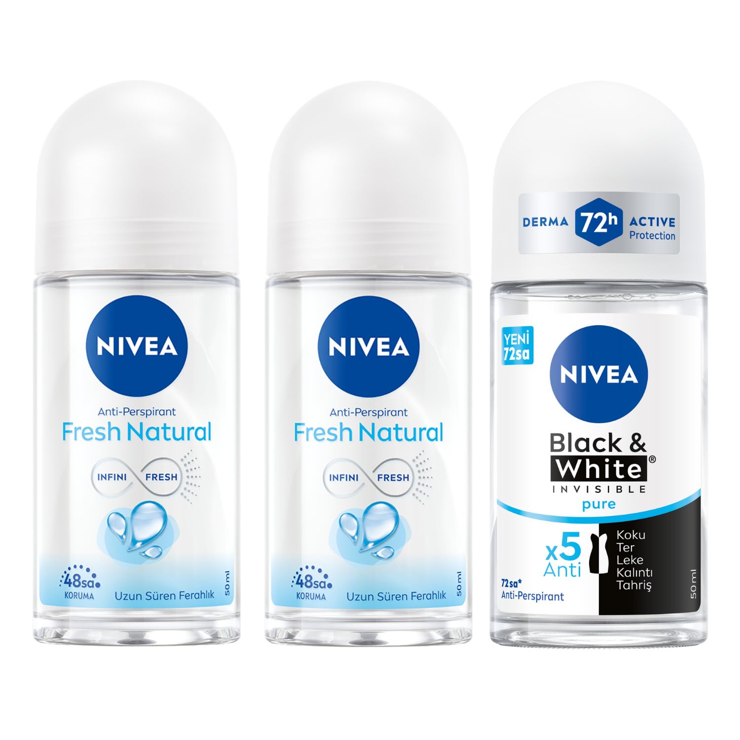NIVEA Kadın Roll On Deodorant Fresh Natural 48 Saat Anti-Perspirant Koruma (50 ml) X2 + NIVEA Kadın Roll On Deodorant Black & White Invisible Pure 48 Saat Anti-perspirant Koruma (50 ml)