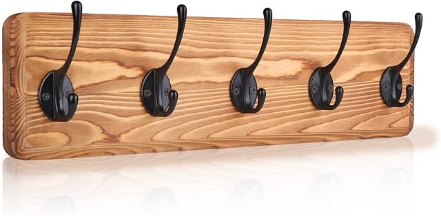 BIGLUFU Wall Mounted Coat Hooks, Antique Coat Hat Rack Wooden Wall Coat Hanger with 5 Hooks for Clothes Jacket (Light Brown)