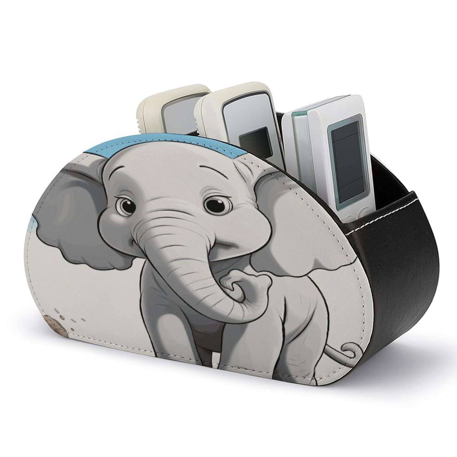 FekiLoot White Elephant Remote Control Holder, PU Leather Remote Control Organizer Box Stationery Remote Control Box Desk Storage Organizer for DVDs,Glasses,Pens,Media Players
