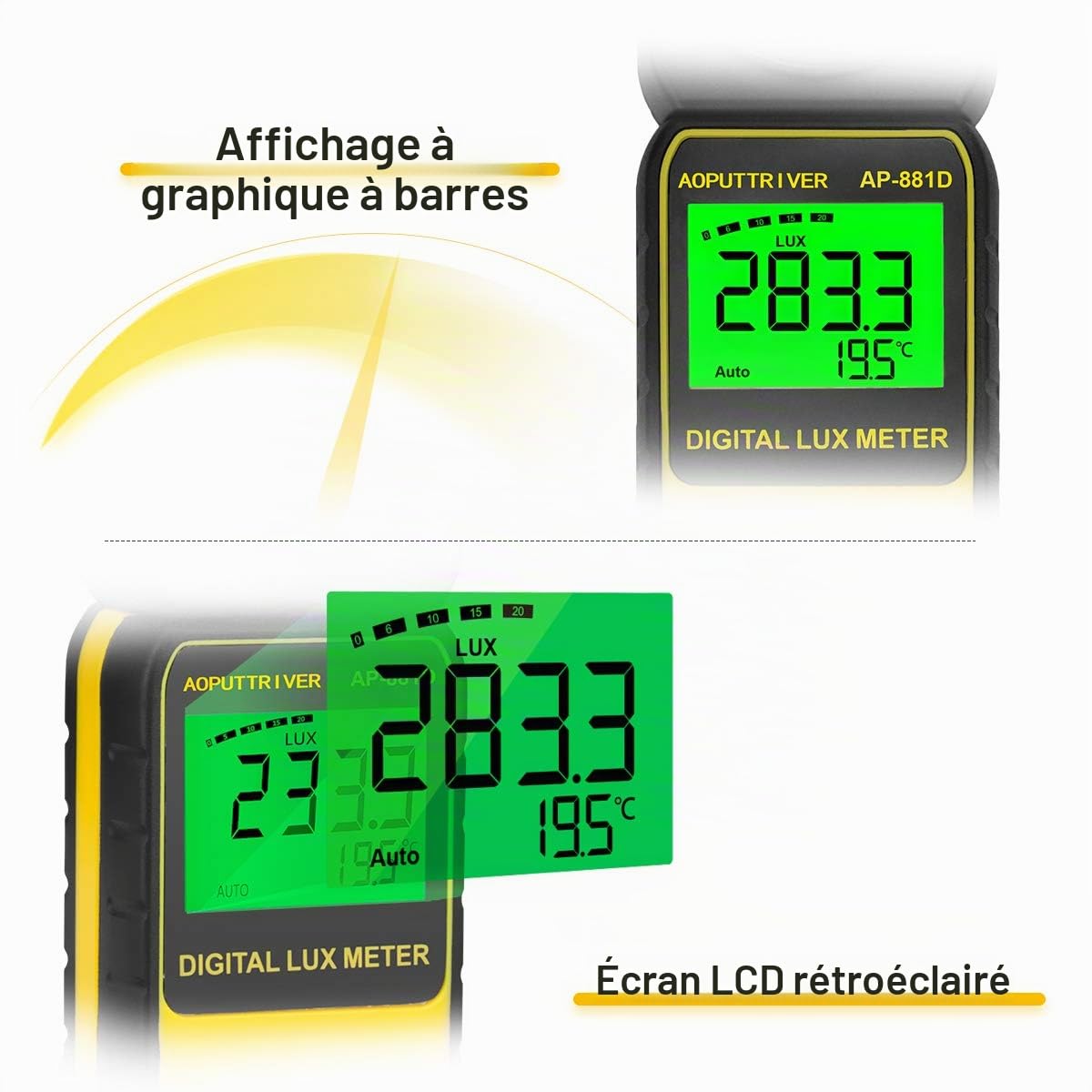 Luxmètre Numérique,Luxmetre Numerique Gamme de Compteurs D'éclairage Allant Jusqu'à 400 000 lux, Posemètre Numérique Portable Température Ambiante ISO, ROHS, GMC Approuvé
