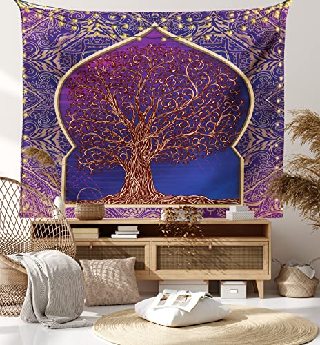 Ambesonne Ethnic Tapestry, Tree With Curved Leafless Branches Middle Eastern Moroccan Arch Retro Art Design, Wall Hanging For Bedroom Living Room Dorm Decor, 40" X 60", Purple Blue #TOP6
