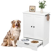 Dog Feeding Station with Storage Cabinet, White Wood Dog Cabinet with 2 Elevated Stainless Steel Bowls, Hidden Pull-Out Feeder Drawer, Pet Feeding Station for Kitchen and Living Room