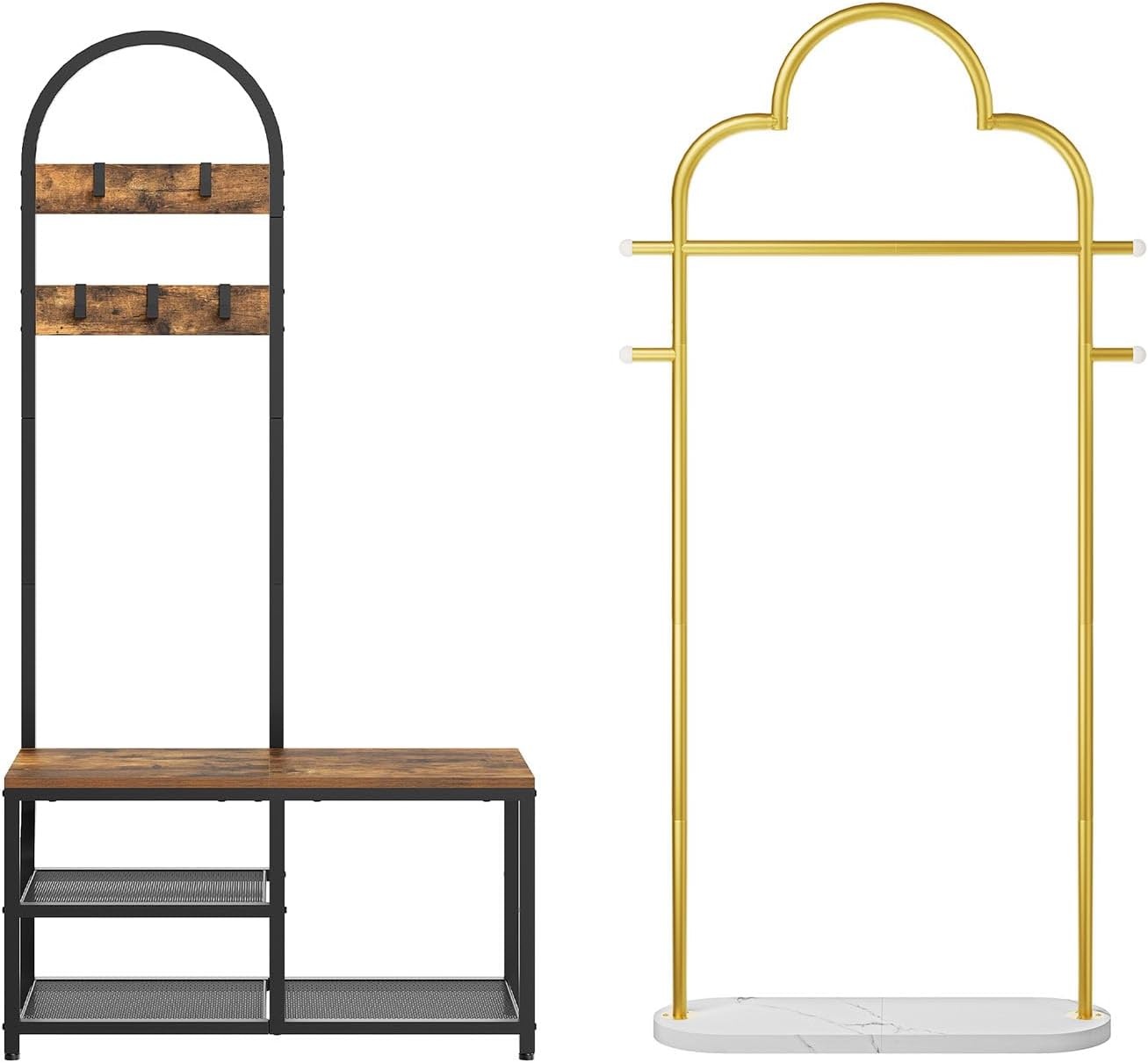 Hall Tree and Freestanding Coat Rack Bundle, Metal Garment Rack for Boutiques, Bedroom, Office, YM04DM-MT04BRY1