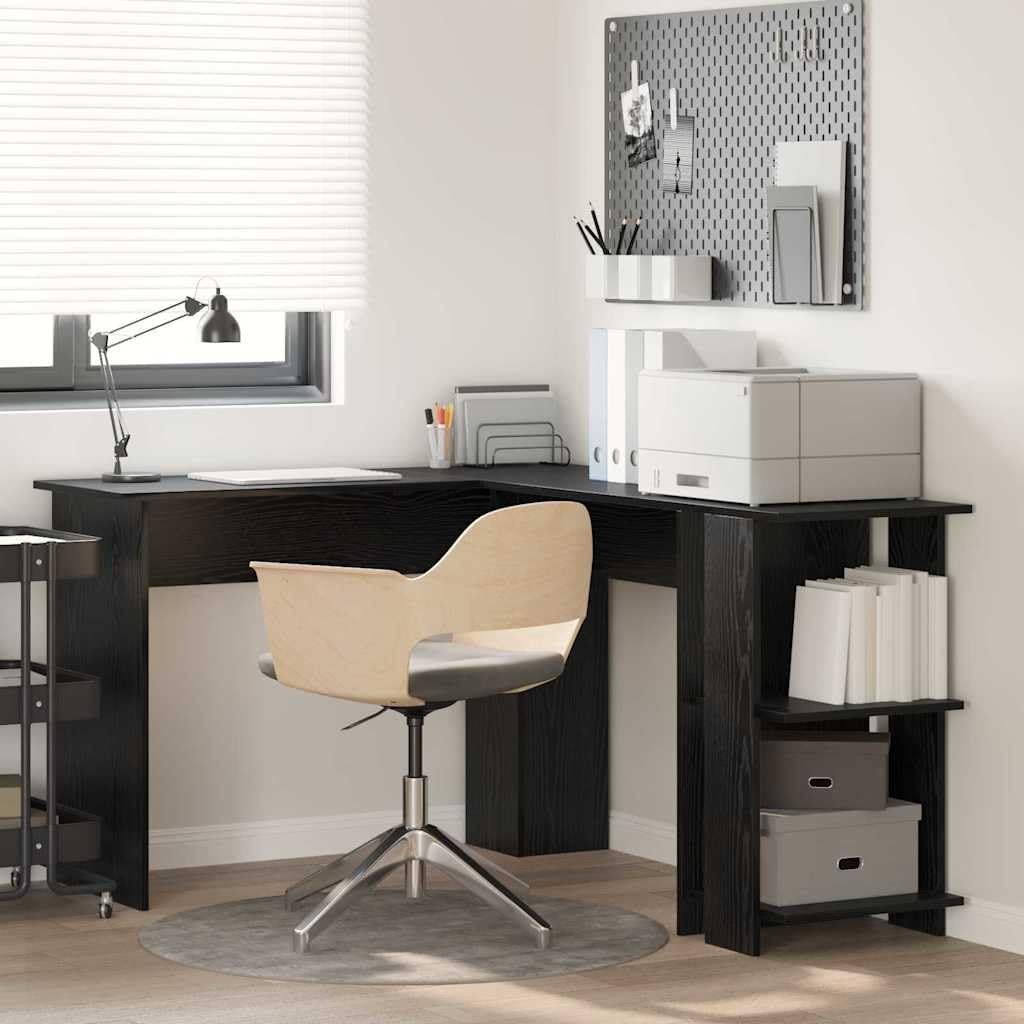 Scrivania angolare nera effetto rovere, in legno, 140 x 113,5 x 75 cm, con scaffale, moderna scrivania da ufficio per casa e studenti, tavolo da lavoro compatto per lavorare in modo efficiente